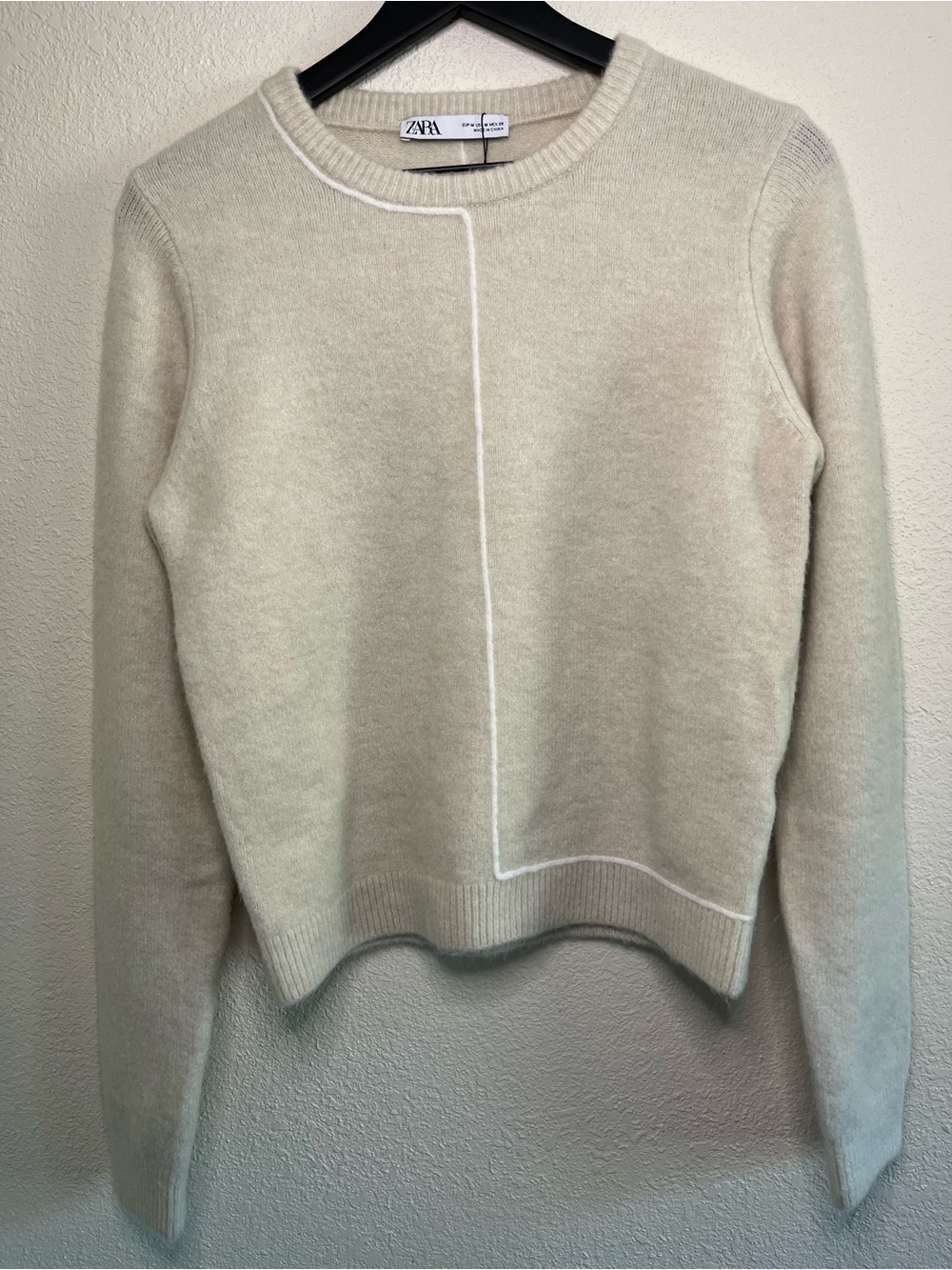 Zara Ivory Modern Minimalist Contrast-Trim Crewneck Sweater L